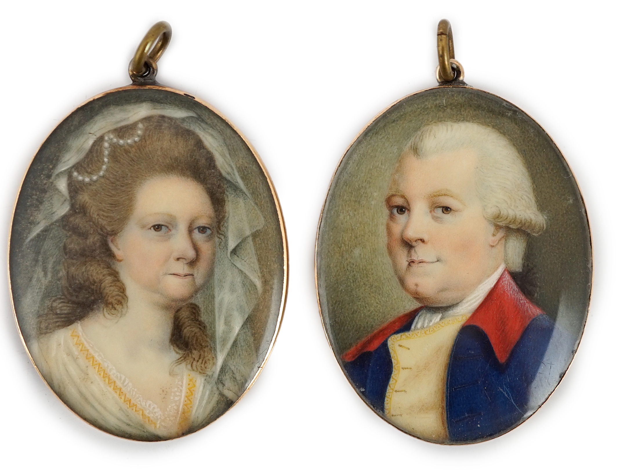 English School circa 1790, Portrait miniatures of an Army Officer and his wife (a pair), probably David Jenkinson and his wife, oil on ivory, 4 x 3cm. CITES Submission reference RFT2468C